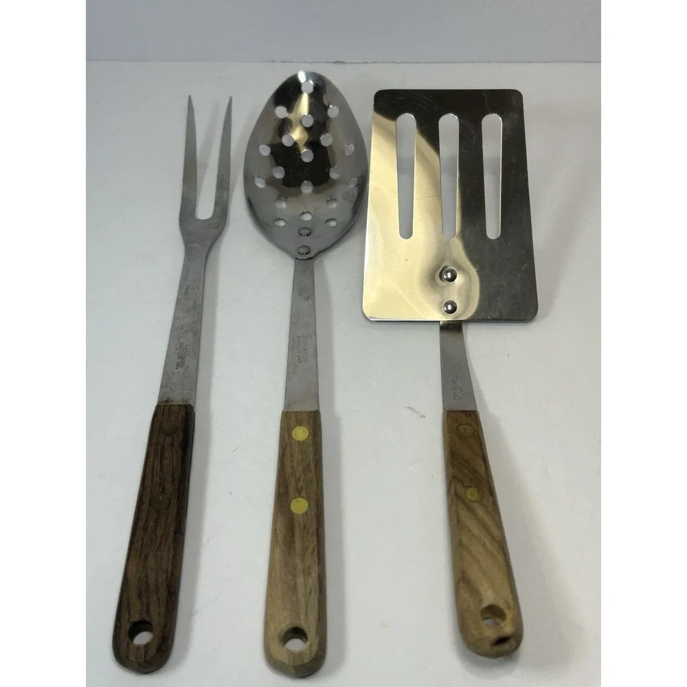 Robinson Knife Co Utensil Set Brown Wood Stainless Steel 3pc Vintage Made In USA